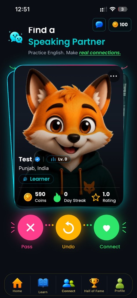 Speaking partner matching in Fluent Fox AI