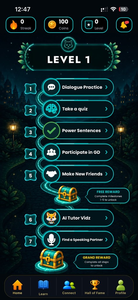 Daily level learning path in Fluent Fox AI