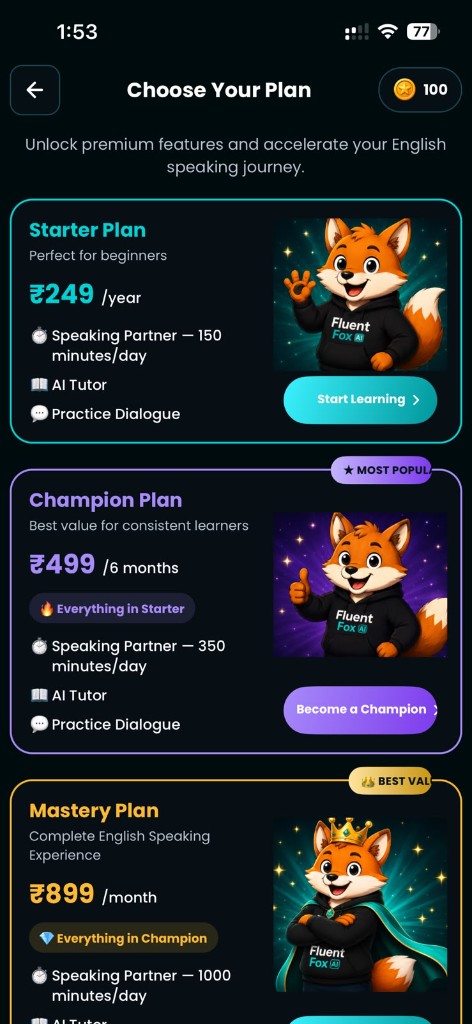 Plans and rewards in Fluent Fox AI